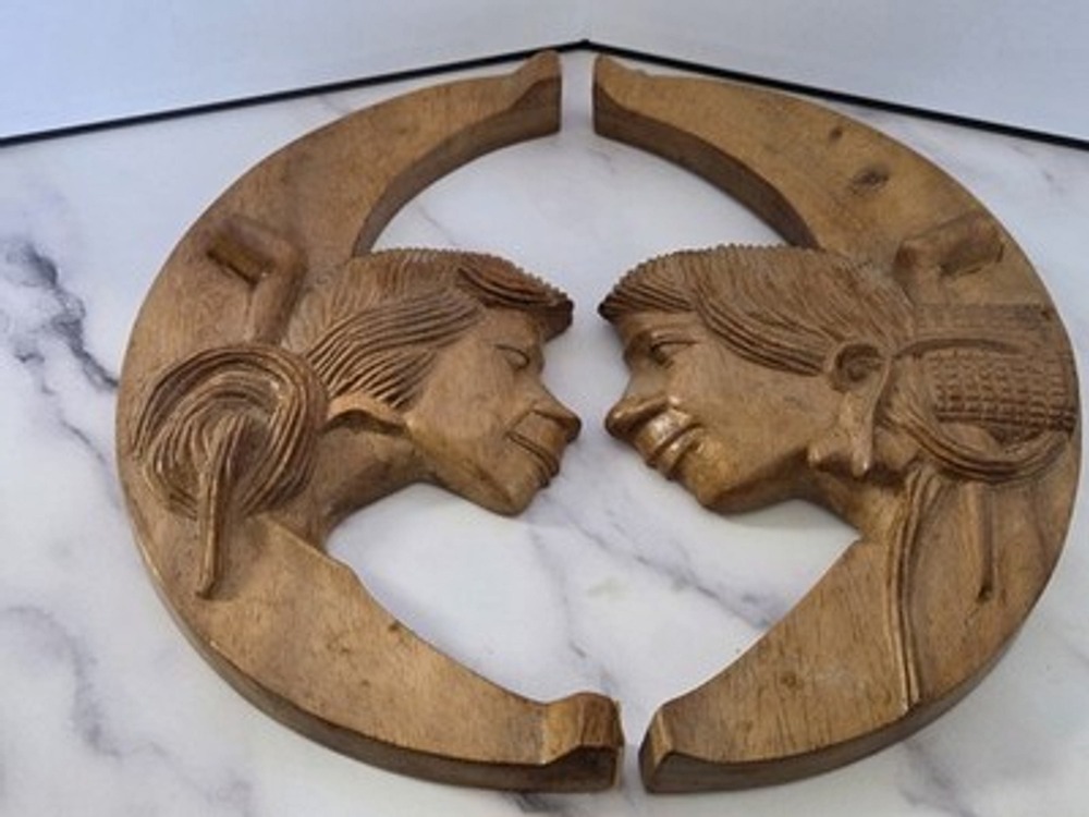 Vintage Hand-Carved Wooden Crescent Moon Wall Art Pair with Tribal Faces